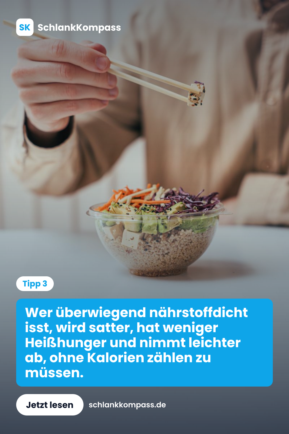 Wer überwiegend nährstoffdicht isst, wird satter, hat weniger Heißhunger und nimmt leichter ab, ohne Kalorien zählen zu müssen.